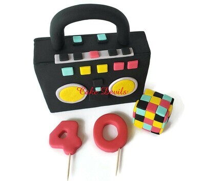 Fondant 80's 90's Music Theme Cake Toppers including Boombox, Cube and Age