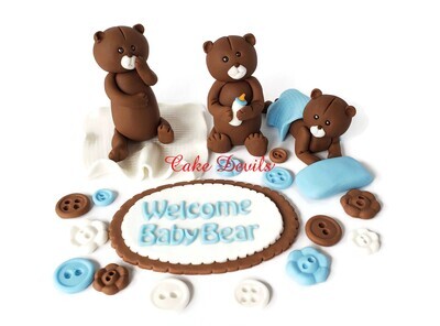 Fondant Teddy Bear Cake Toppers With Baby Bear Plaque and Fondant Buttons, great for a Baby Shower Cake