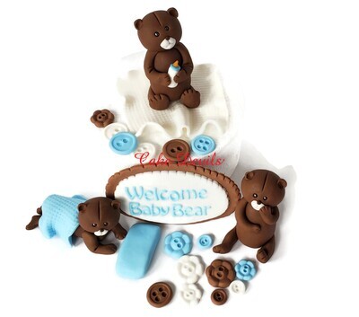 Fondant Teddy Bear Cake Toppers With Baby Bear Plaque and Fondant Buttons, great for a Baby Shower Cake