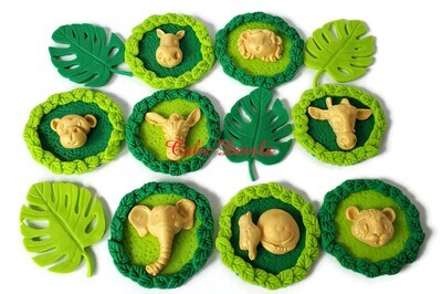 Fondant Gold Jungle Safari Animal Wreath Cupcake Toppers, Optional Palm Leaves