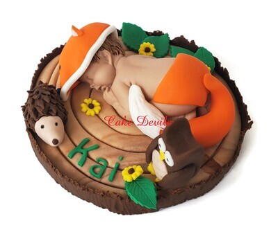 Fondant Fox Baby on Tree Stump Topper for a Woodland Creatures Baby Shower Cake- with Fondant Owl and Porcupine