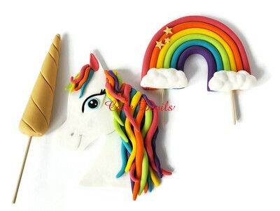 Fondant Unicorn Head, Horn, and Rainbow Cake Toppers