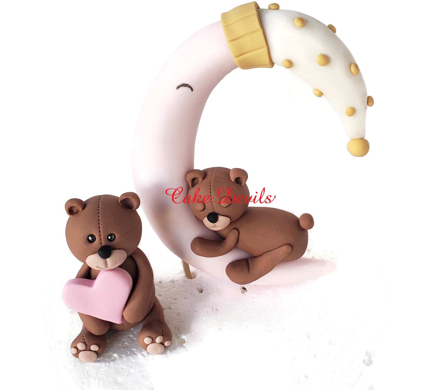 Fondant Teddy Bear Sleeping on Moon Cake Toppers, Also great for Baby Shower, 1st Birthday and more!