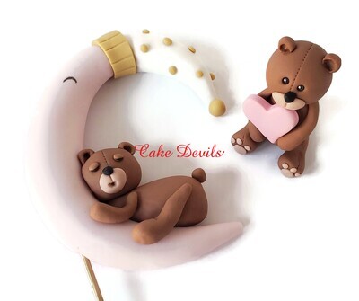 Fondant Teddy Bear Sleeping on Moon Cake Toppers, Also great for Baby Shower, 1st Birthday and more!