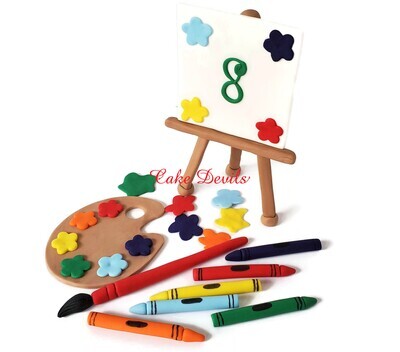 Fondant Art Cake Toppers with Paint Palette, Brush, Easel, and Crayons