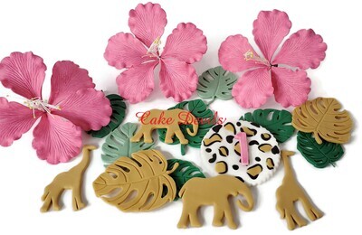 Jungle Animal Theme Tropical Flowers Cake Toppers with Palm Leaves and Leopard Print