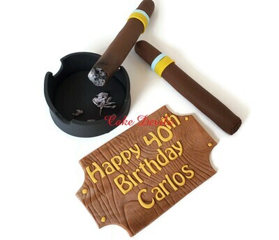Fondant Cigar Cake Toppers with Ashtray and Plaque - perfect for a birthday, retirement and more!