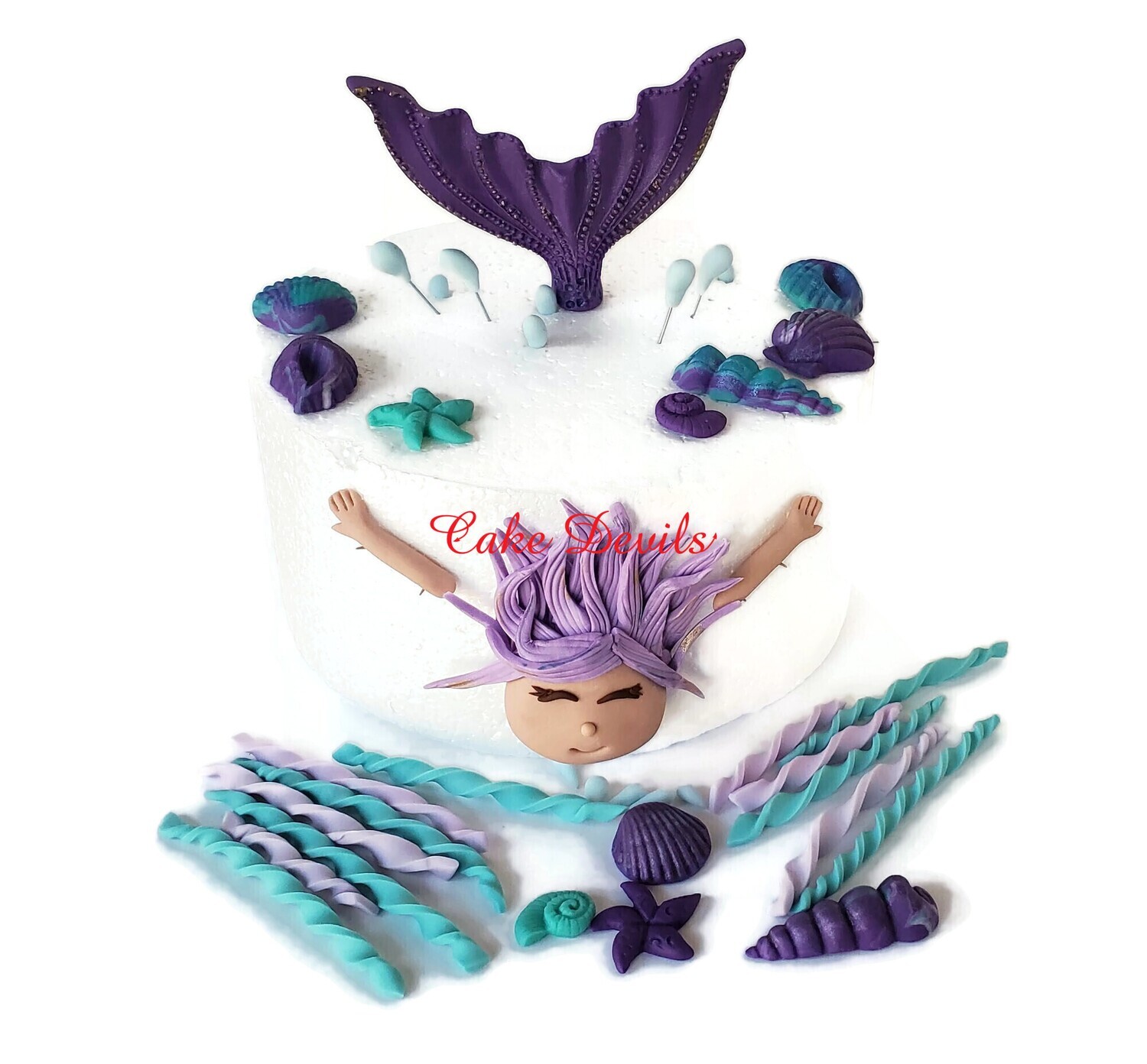 Mermaid Swimming Through Cake Fondant Cake Toppers with Sea Shell Cake Decorations