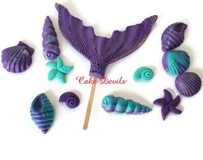Fondant Mermaid Tail Cake Topper set with Sea Shells, Seaweed, and optional Sea Horses