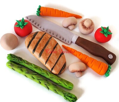 Chef's Cake Food Toppers, Fondant Chef's Knife cake Decorations, Fondant vegetables, chicken, carrots, Asparagus Cake, Tomatoes