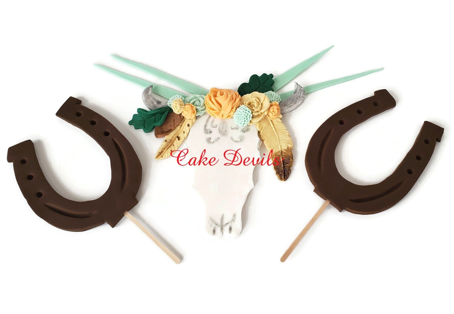 Country Western Cake Toppers, Steer Skull, Cow Skull, Flowers, Horseshoes, Cowboy, Cowgirl