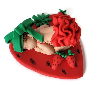 Strawberry Baby Shower Fondant Cake Topper sleeping baby, strawberry short cake