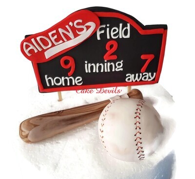 Baseball Cake, Fondant Cake Toppers including Baseball Bat, Field Sign, Score Board, Baseball Cap hat