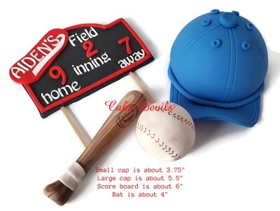 Baseball Cake, Fondant Cake Toppers including Baseball Bat, Field Sign, Score Board, Baseball Cap hat