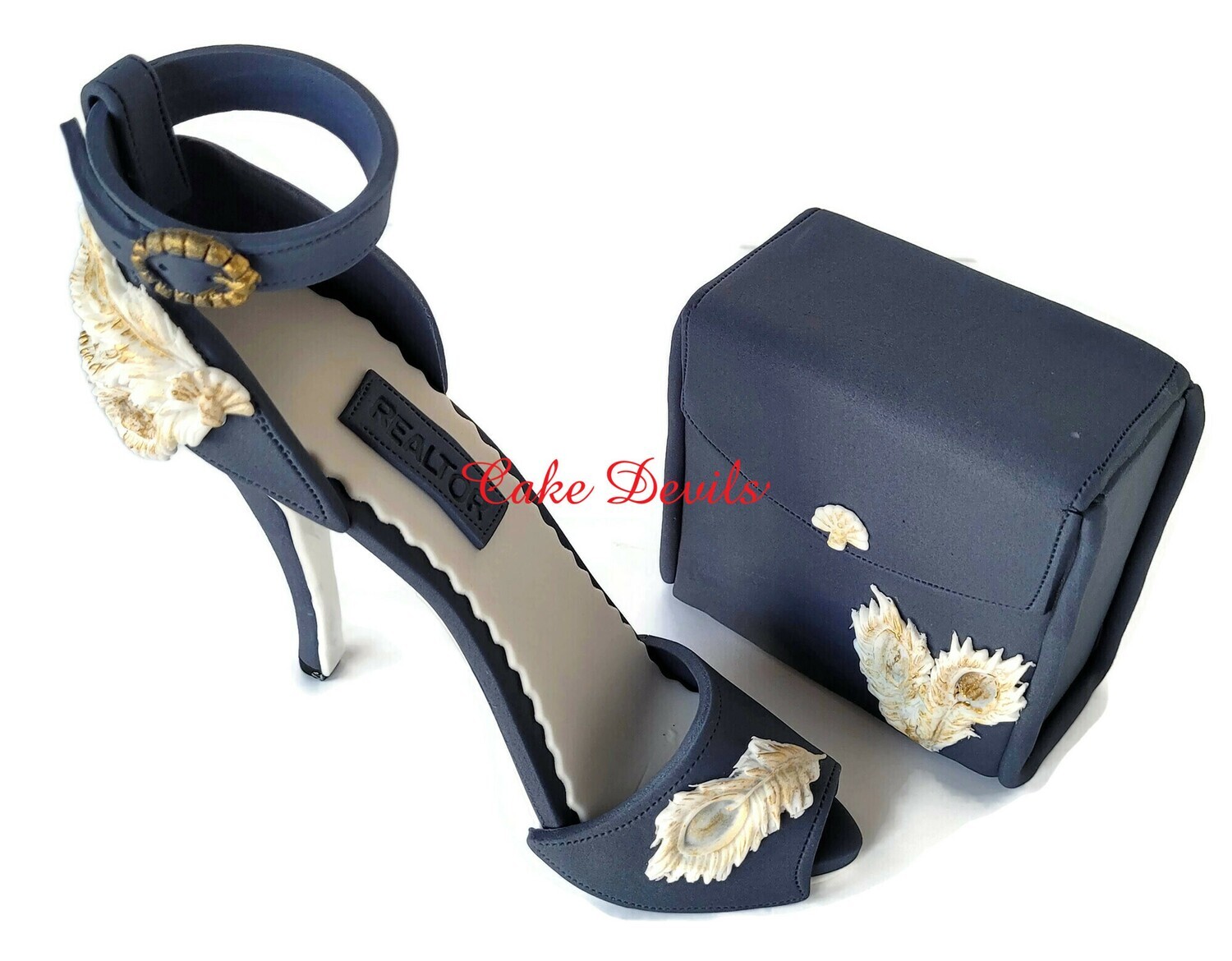 White Peacock High Heel Shoe and Purse Cake, Fondant Toppers