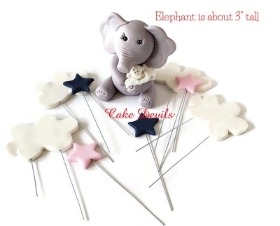 Elephant hugging teddy bear Gender Reveal Cake Toppers with Stars and Clouds