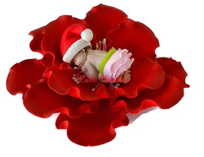 Fondant Christmas Baby with Santa Hat in a Large Flower Peony Cake Topper, for a Christmas Baby Shower or Pregnancy Announcement