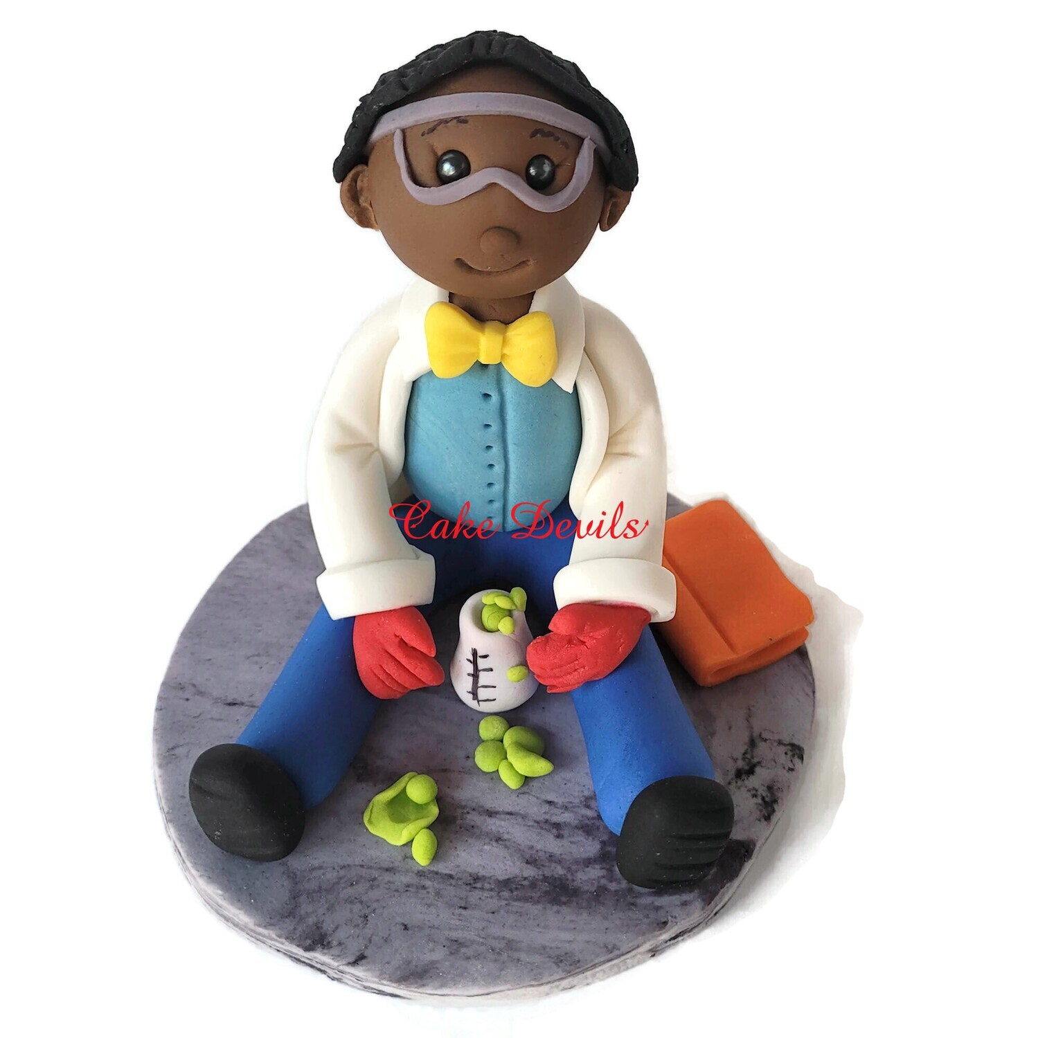 Scientist Cake Topper, Handmade Fondant Science Person cake Decoration, with goggles, beaker and book