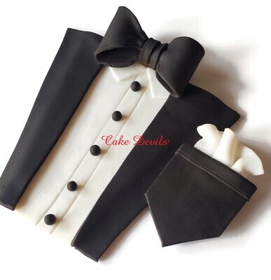 Fondant Man Suit, Tuxedo Cake Toppers, Bow tie, shirt, buttons, labels, pocket square