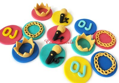 80's 90's Music Hip Hop Fondant Cupcake Toppers, Chain, Microphone, Gold Chain, Initials