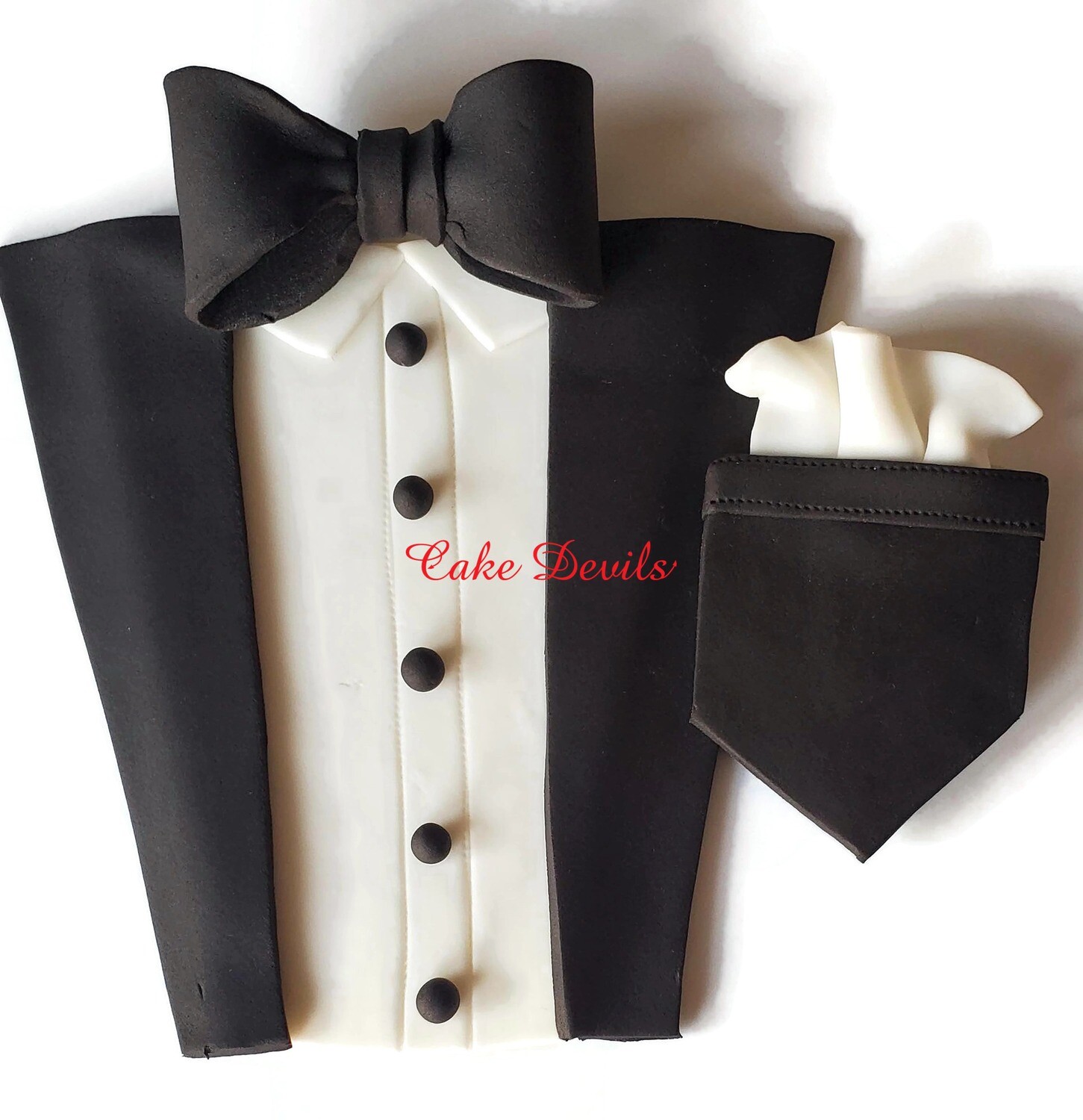 Fondant Man Suit, Tuxedo Cake Toppers, Bow tie, shirt, buttons, labels, pocket square