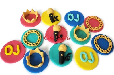 80's 90's Music Hip Hop Fondant Cupcake Toppers, Chain, Microphone, Gold Chain, Initials