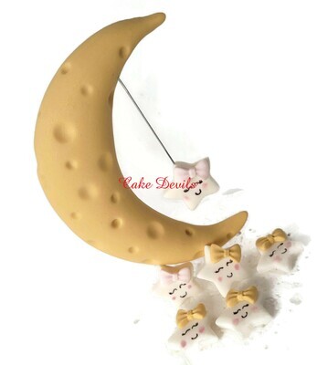 Fondant Cratered Moon and Stars with Bows Cake Toppers