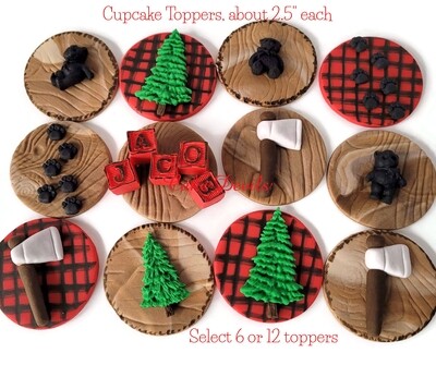 Woodland Lumberjack Fondant Cupcake Toppers with Buffalo Plaid, Red Rustic, trees