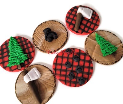 Woodland Lumberjack Fondant Cupcake Toppers with Buffalo Plaid, Red Rustic, trees