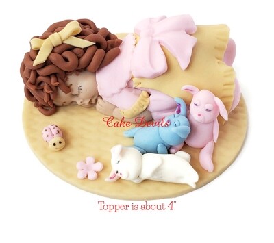 Little Girl with Sleeping Bunnies Fondant Cake Topper, Girl Birthday Cake