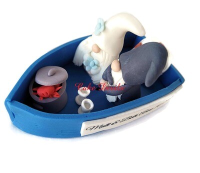 Fondant Gnomes in a Sail Boat Wedding Cake Topper, Bride and Groom Gnomes