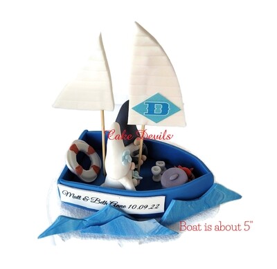 Fondant Gnomes in a Sail Boat Wedding Cake Topper, Bride and Groom Gnomes