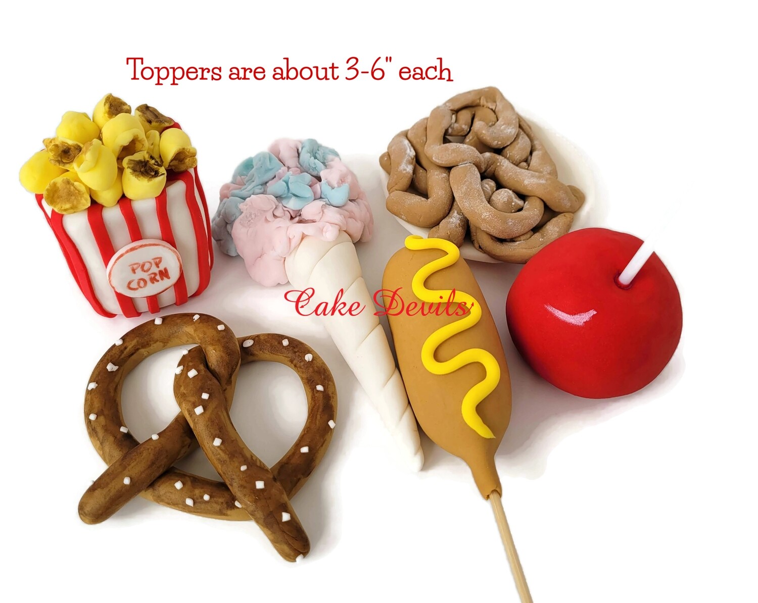 Carnival Food Cake Toppers, Fondant Circus Food cake Decorations- Popcorn, Pretzel, Cotton Candy and more!