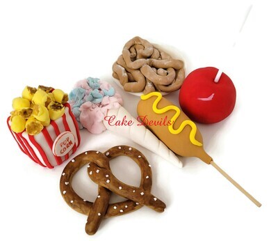 Carnival Food Cake Toppers, Fondant Circus Food cake Decorations- Popcorn, Pretzel, Cotton Candy and more!