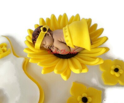 Fondant Sunflower Baby Shower Cake Toppers with baby, plaque and baby feet