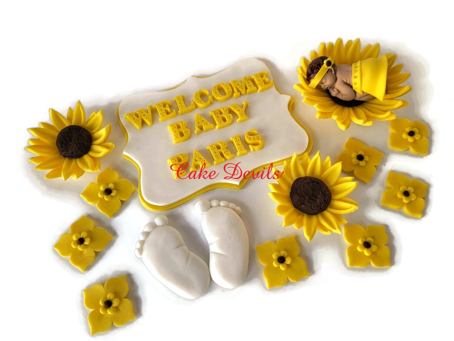 Fondant Sunflower Baby Shower Cake Toppers with baby, plaque and baby feet