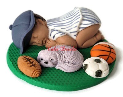 Fondant Sports Baby Shower Cake Topper, Sleeping baby with baseball, soccer ball, basketball, and football