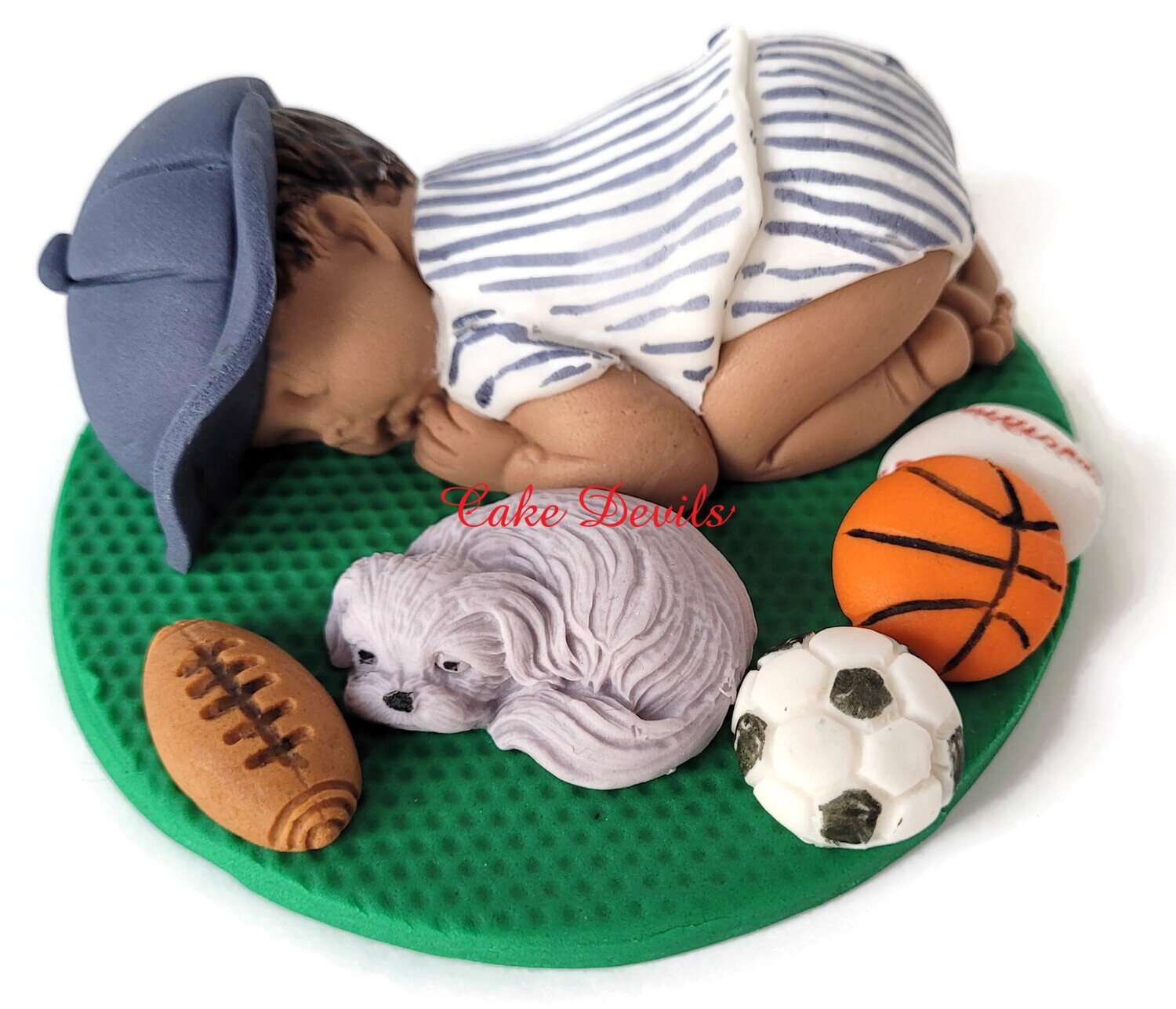 Fondant Sports Baby Shower Cake Topper, Sleeping baby with baseball, soccer ball, basketball, and football