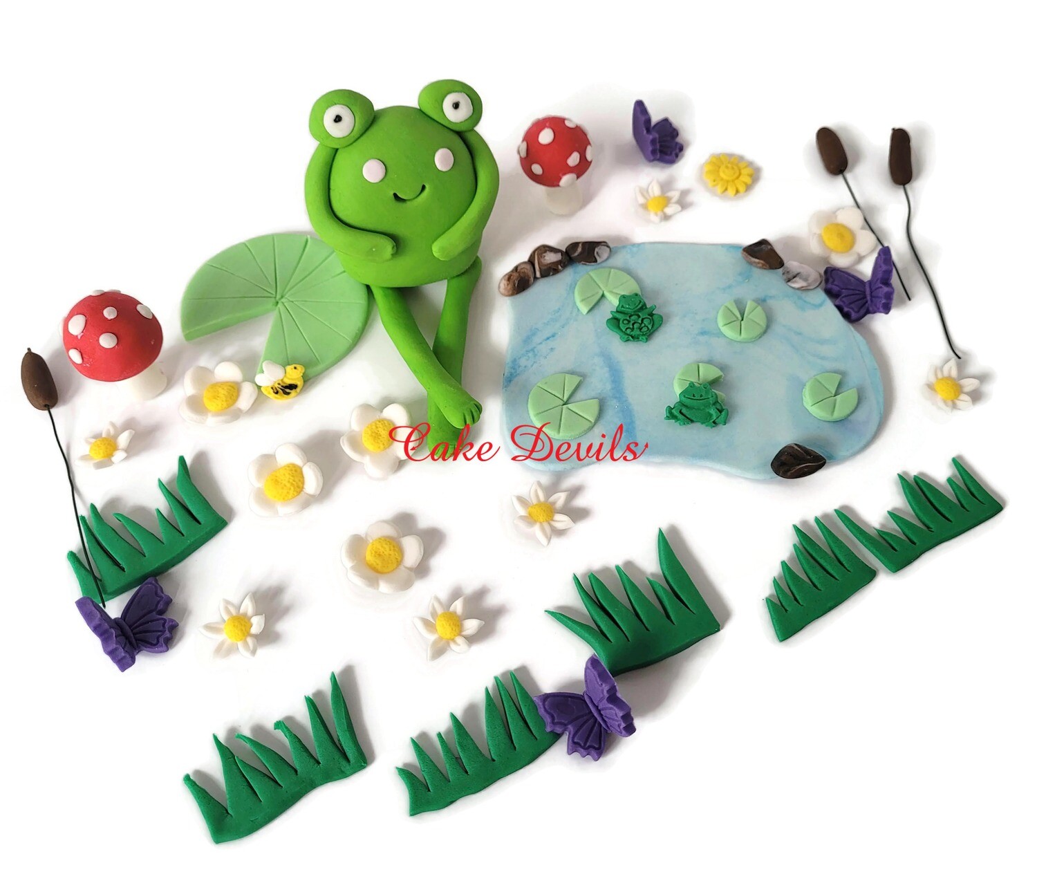 Fondant Frog Pond Cake Topper with Lily Pads, Mushrooms and Flowers