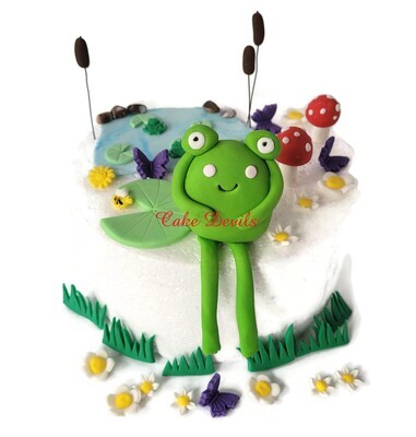 Fondant Frog Pond Cake Topper with Lily Pads, Mushrooms and Flowers
