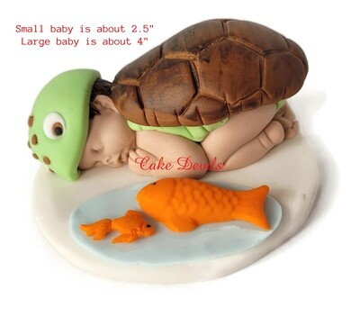 Turtle Baby Shower Fondant Sleeping Baby Cake Topper with Little Fish for Ocean, Sea, or Beach Theme
