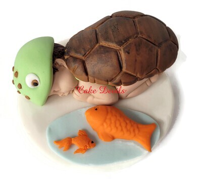 Turtle Baby Shower Fondant Sleeping Baby Cake Topper with Little Fish for Ocean, Sea, or Beach Theme