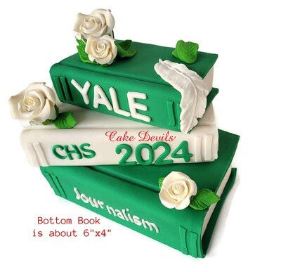 Fondant Stack of Books Cake Topper with Roses and Feathers, Great for Graduation