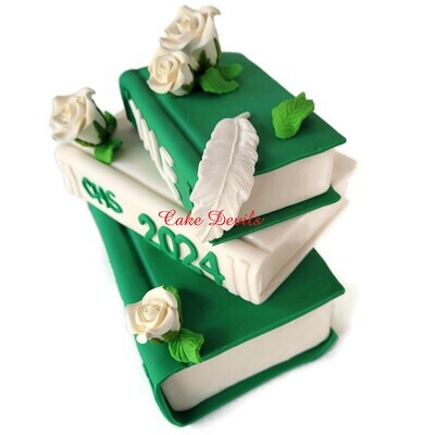 Fondant Stack of Books Cake Topper with Roses and Feathers, Great for Graduation