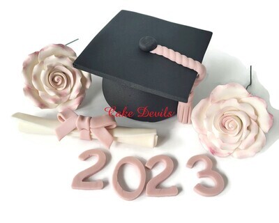 Fondant Graduation Roses, Cap, Mortar Board Fondant Cake Topper with Diploma and Year
