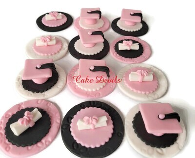 Pretty Fondant Graduation Cupcake Toppers, handmade edible Graduation Cap and Diploma