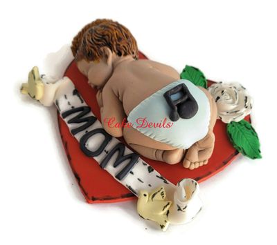 Fondant Rock and Roll Tattoo Sleeping Baby Shower Cake Topper, Fondant Baby with Mohawk, MOM heart tattoo, sugar 4" Guitar Cake Decorations