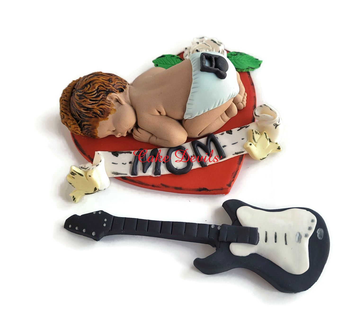 Fondant Rock and Roll Tattoo Sleeping Baby Shower Cake Topper, Fondant Baby with Mohawk, MOM heart tattoo, sugar 4&quot; Guitar Cake Decorations