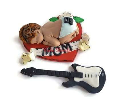 Fondant Rock and Roll Tattoo Sleeping Baby Shower Cake Topper, Fondant Baby with Mohawk, MOM heart tattoo, sugar 4&quot; Guitar Cake Decorations