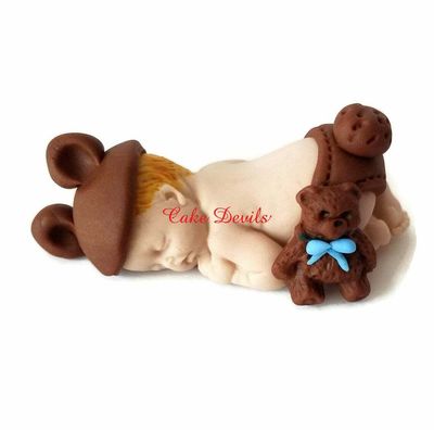 Fondant Baby Cake Topper dressed as Teddy Bear for Baby Shower, Baptism, or Christening